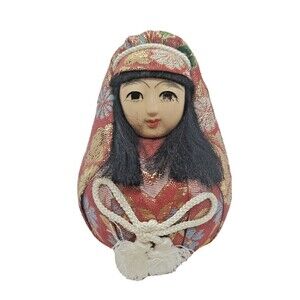 Japanese Daruma Hime Doll Wedding Painted Face Bride Wobbly Red Asian Metallic